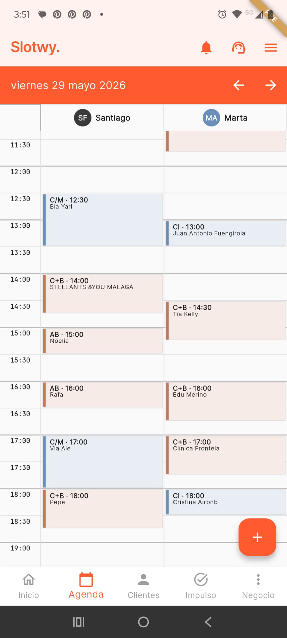 Pantalla de agenda