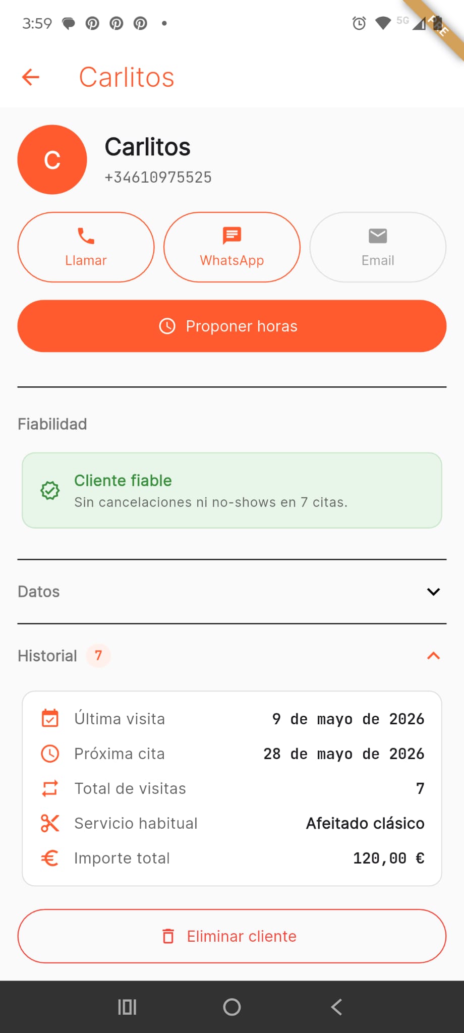 Pantalla de ficha de cliente